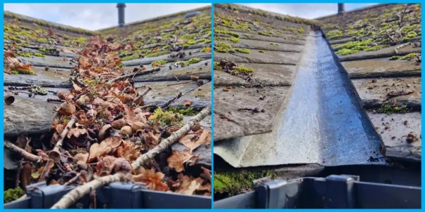Blocked gutter overflowing with water in Sussex home